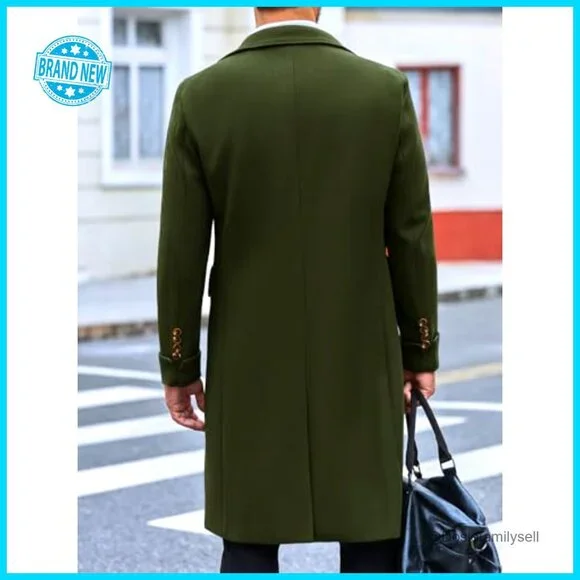 Men's Slim Fit Trench Coat Double Breasted Wool Blend Overcoat Classic Elegant